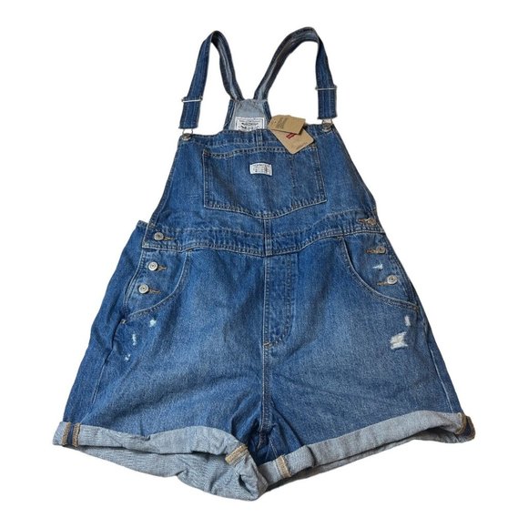 Levi Strauss Overall Shorts Shortalls Women's Large Distressed Look Bib Blue NWT - Picture 1 of 7